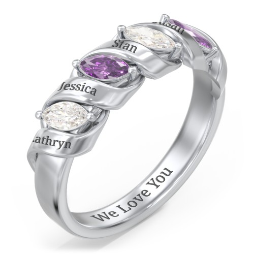 Spiral Marquise Row Ring – 10K White Gold with Cubic Zirconia and Amethyst