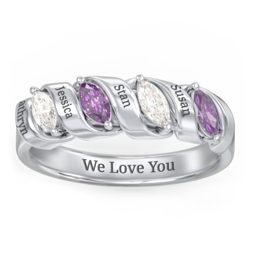Spiral Marquise Row Ring – 10K White Gold with Cubic Zirconia and Amethyst