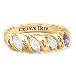 Spiral Marquise Row Ring in 10K Solid Yellow Gold with Diamond, Cubic Zirconia, and Amethyst