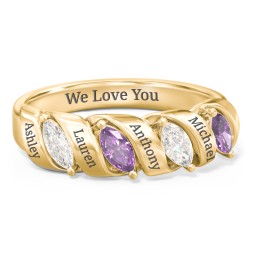 Spiral Marquise Row Ring in 10K Solid Yellow Gold with Cubic Zirconia and Amethyst