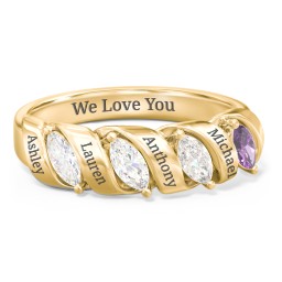 Spiral Marquise Row Ring in 10K Solid Yellow Gold with Diamond, Cubic Zirconia, and Amethyst