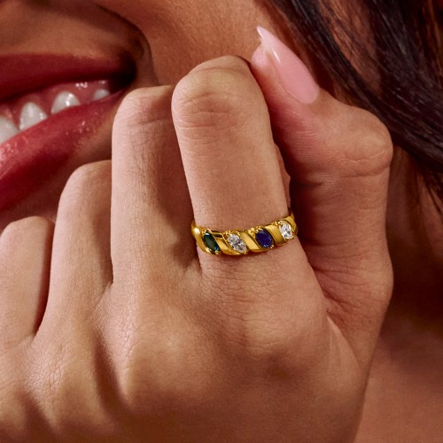 Spiral Marquise Row Ring – 10K Yellow Gold with Cubic Zirconia and Amethyst