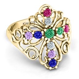 Sparkling Spirituality Cross Ring in 10K Solid Yellow Gold with Emerald, Ruby, Cubic Zirconia, Amethyst, and Blue Sapphire