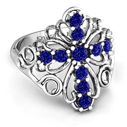 Sparkling Spirituality Cross Ring in 925 Sterling Silver with Blue Sapphire