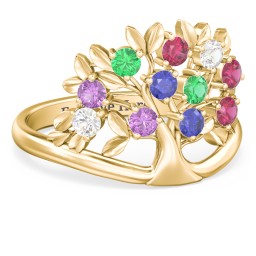 Family Tree Ring in 10K Solid Yellow Gold with Emerald, Ruby, Cubic Zirconia, Amethyst, and Blue Sapphire