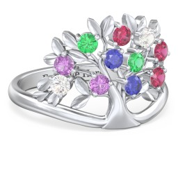 Family Tree Ring in 925 Sterling Silver with Emerald, Ruby, Cubic Zirconia, Amethyst, and Blue Sapphire