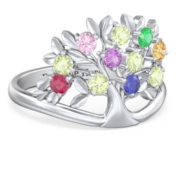 Family Tree Ring in 10K Solid White Gold with Pink Tourmaline, Peridot, Emerald, Amethyst, Citrine, Ruby, and Blue Sapphire