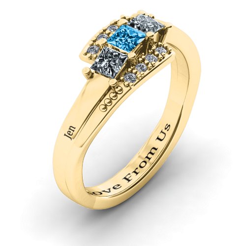 Triple Princess Stone Ring with Accents – 10K Yellow Gold with Cubic Zirconia and Blue Topaz