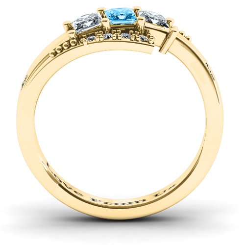 Triple Princess Stone Ring with Accents – 10K Yellow Gold with Cubic Zirconia and Blue Topaz