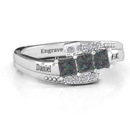 Triple Princess Stone Ring with Accents in 925 Sterling Silver with Alexandrite