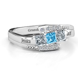 Triple Princess Stone Ring with Accents in 925 Sterling Silver with Cubic Zirconia and Blue Topaz