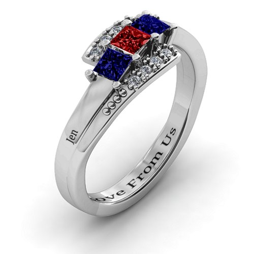 Triple Princess Stone Ring with Accents – Sterling Silver with Blue Sapphire, Garnet, and Cubic Zirconia