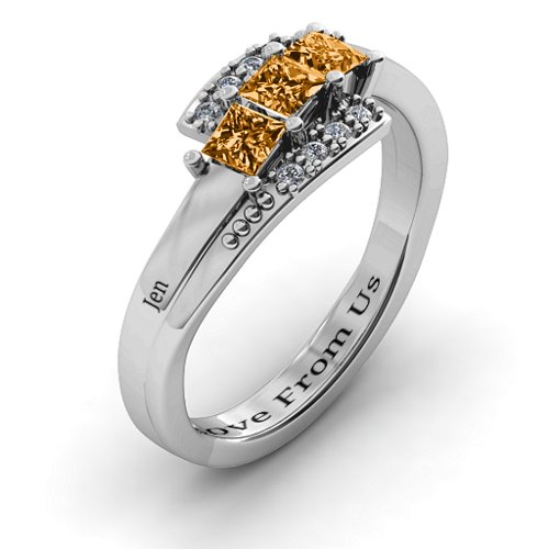 Triple Princess Stone Ring with Accents – Sterling Silver with Citrine and Cubic Zirconia