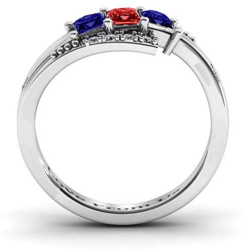 Triple Princess Stone Ring with Accents – Sterling Silver with Blue Sapphire, Garnet, and Cubic Zirconia