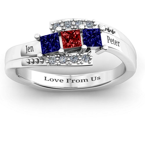 Triple Princess Stone Ring with Accents – Sterling Silver with Blue Sapphire, Garnet, and Cubic Zirconia