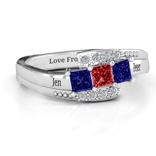 Triple Princess Stone Ring with Accents – Sterling Silver with Blue Sapphire, Garnet, and Cubic Zirconia