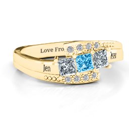 Triple Princess Stone Ring with Accents in 10K Solid Yellow Gold with Cubic Zirconia and Blue Topaz