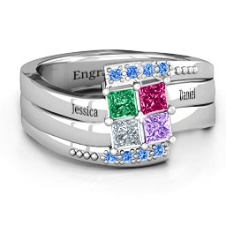 Quad Princess Stone Ring with Accents in 925 Sterling Silver with Emerald, Ruby, Cubic Zirconia, Amethyst, and Fancy Blue Premium Zirconia
