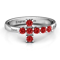 I Believe' Side Cross Ring in 925 Sterling Silver with Garnet