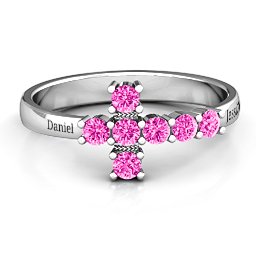 I Believe' Side Cross Ring in 925 Sterling Silver with Pink Tourmaline