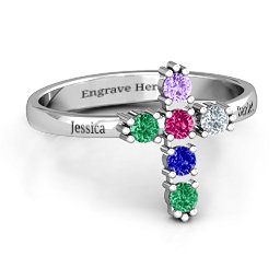The Cross Ring in 925 Sterling Silver with Emerald, Ruby, Cubic Zirconia, Amethyst, and Blue Sapphire