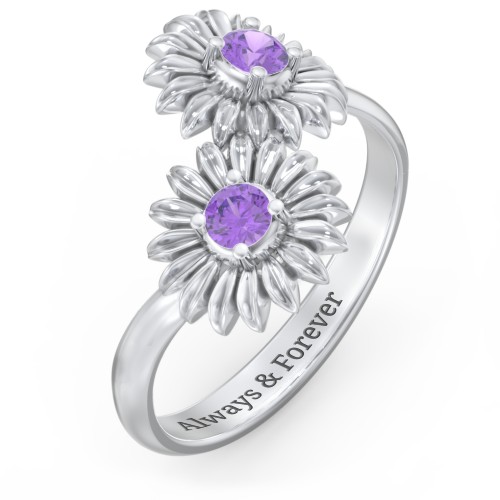 Sunflower Birthstone Bypass Ring – Sterling Silver with Amethyst