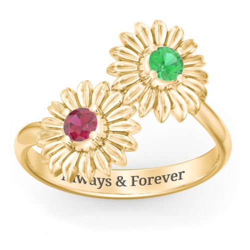 Sunflower Birthstone Bypass Ring – 10K Yellow Gold with Emerald and Ruby