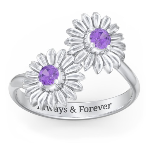 Sunflower Birthstone Bypass Ring – Sterling Silver with Amethyst
