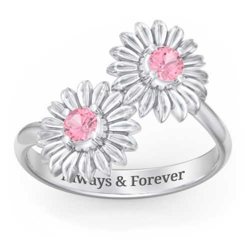 Sunflower Birthstone Bypass Ring – Sterling Silver with Pink Tourmaline