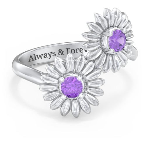 Sunflower Birthstone Bypass Ring – Sterling Silver with Amethyst