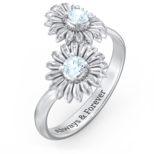 Sunflower Birthstone Bypass Ring – Sterling Silver with Aquamarine