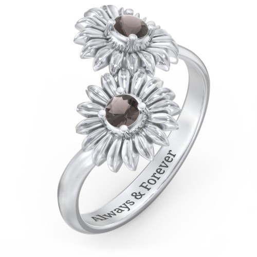 Sunflower Birthstone Bypass Ring – Sterling Silver with Smokey Quartz