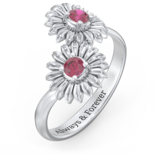 Sunflower Birthstone Bypass Ring – Sterling Silver with Ruby
