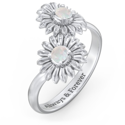 Sunflower Birthstone Bypass Ring – Sterling Silver with Opal