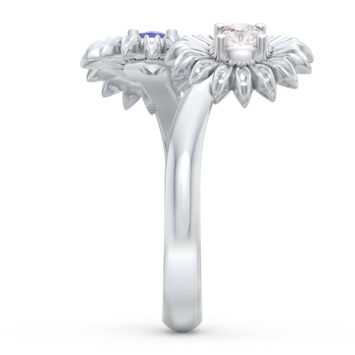 Sunflower Birthstone Bypass Ring – Sterling Silver with Cubic Zirconia and Blue Sapphire