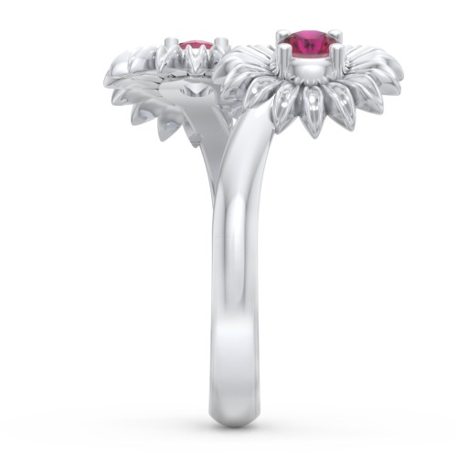 Sunflower Birthstone Bypass Ring – Sterling Silver with Ruby