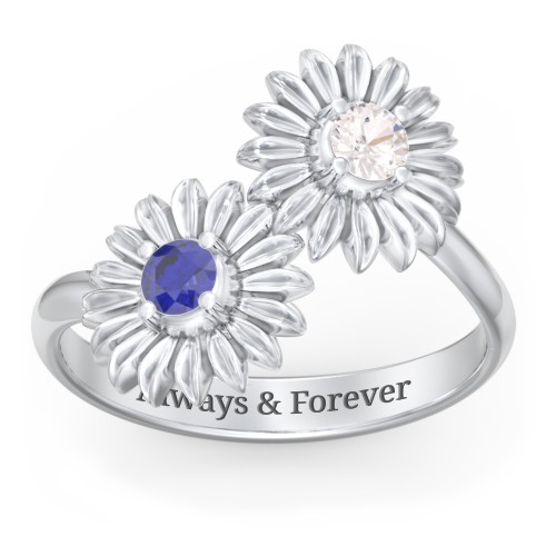 Sunflower Birthstone Bypass Ring – Sterling Silver with Cubic Zirconia and Blue Sapphire