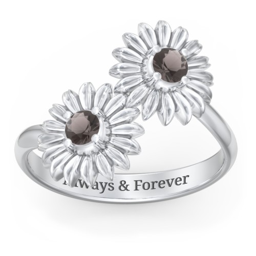 Sunflower Birthstone Bypass Ring – Sterling Silver with Smokey Quartz