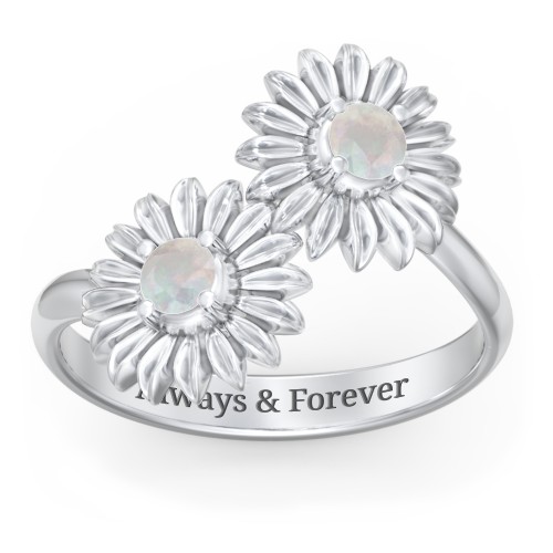 Sunflower Birthstone Bypass Ring – Sterling Silver with Opal