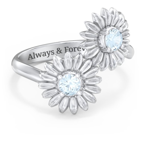 Sunflower Birthstone Bypass Ring – Sterling Silver with Aquamarine