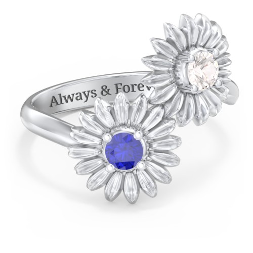 Sunflower Birthstone Bypass Ring – Sterling Silver with Cubic Zirconia and Blue Sapphire