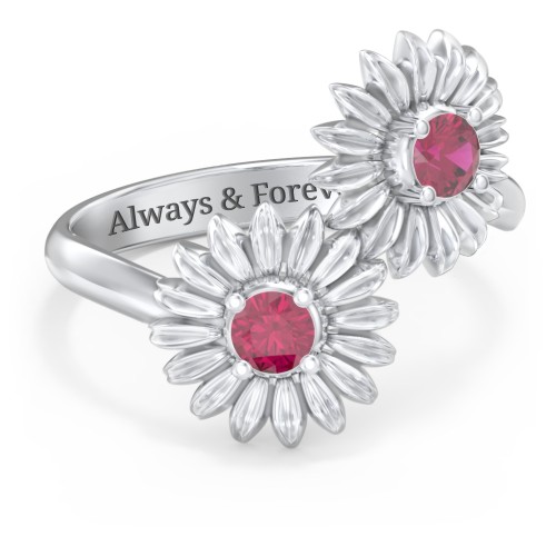 Sunflower Birthstone Bypass Ring – Sterling Silver with Ruby
