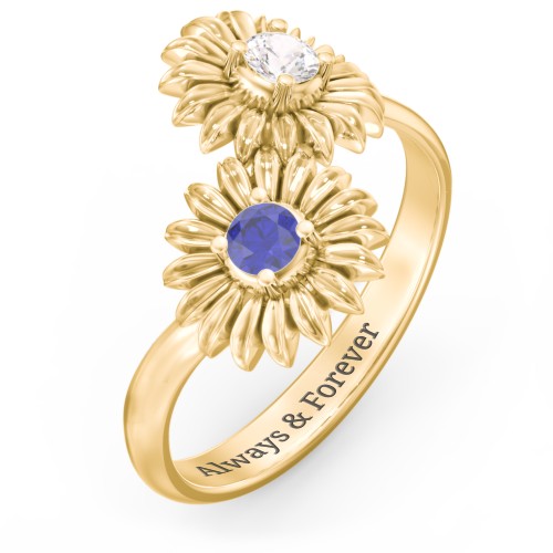 Sunflower Birthstone Bypass Ring – 10K Yellow Gold with Cubic Zirconia and Blue Sapphire