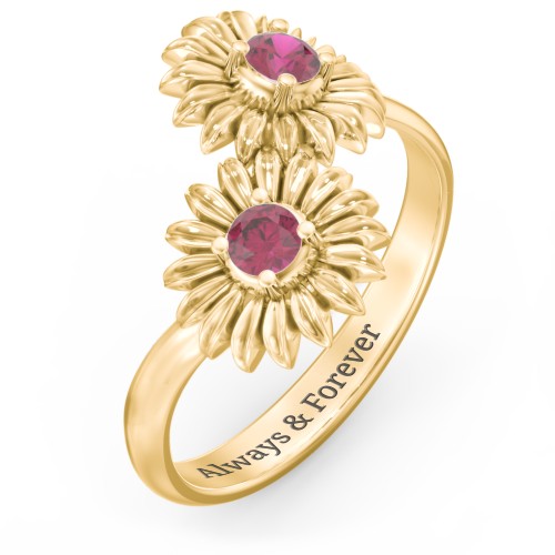 Sunflower Birthstone Bypass Ring – 10K Yellow Gold with Ruby