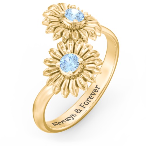 Sunflower Birthstone Bypass Ring – 10K Yellow Gold with Blue Topaz