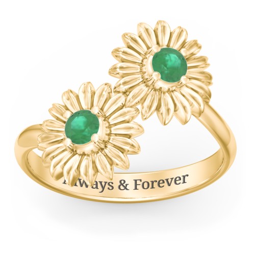 Sunflower Birthstone Bypass Ring – 10K Yellow Gold with Emerald