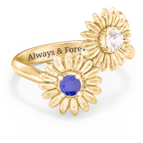 Sunflower Birthstone Bypass Ring – 10K Yellow Gold with Cubic Zirconia and Blue Sapphire