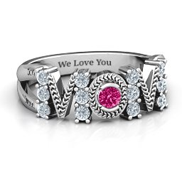 Split Shank Stone Filled MOM Ring in 925 Sterling Silver with Cubic Zirconia and Ruby