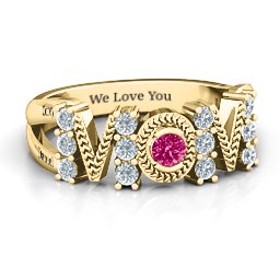 Split Shank Stone Filled MOM Ring in 10K Solid Yellow Gold with Cubic Zirconia and Ruby