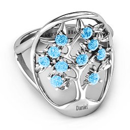 Oval Family Tree Ring in 925 Sterling Silver with Blue Topaz